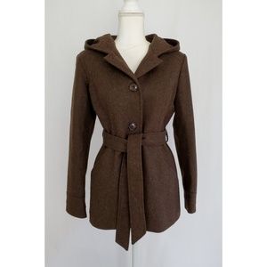 AK Anne Klein Brown Wool Blend Hooded Coat L